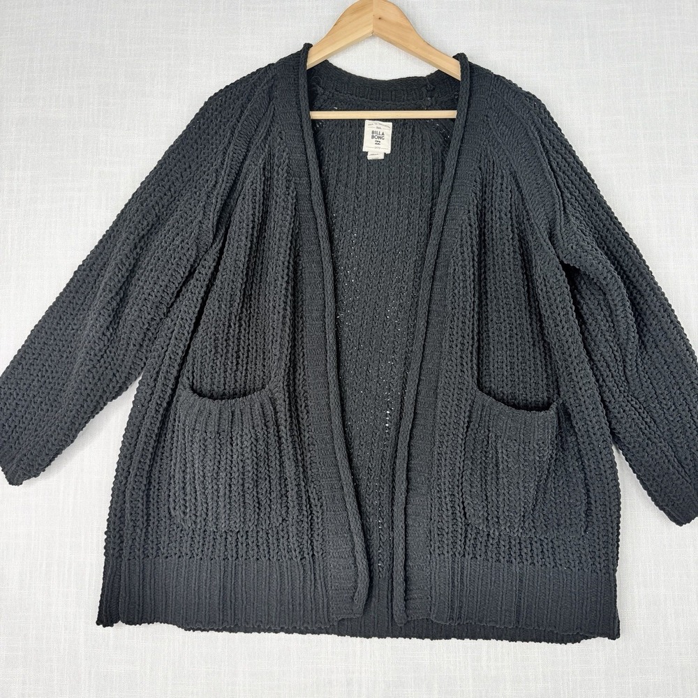 Billabong Open Front Ribbed Knit Cardigan Sweater with Pockets  M Black - Picture 2 of 13